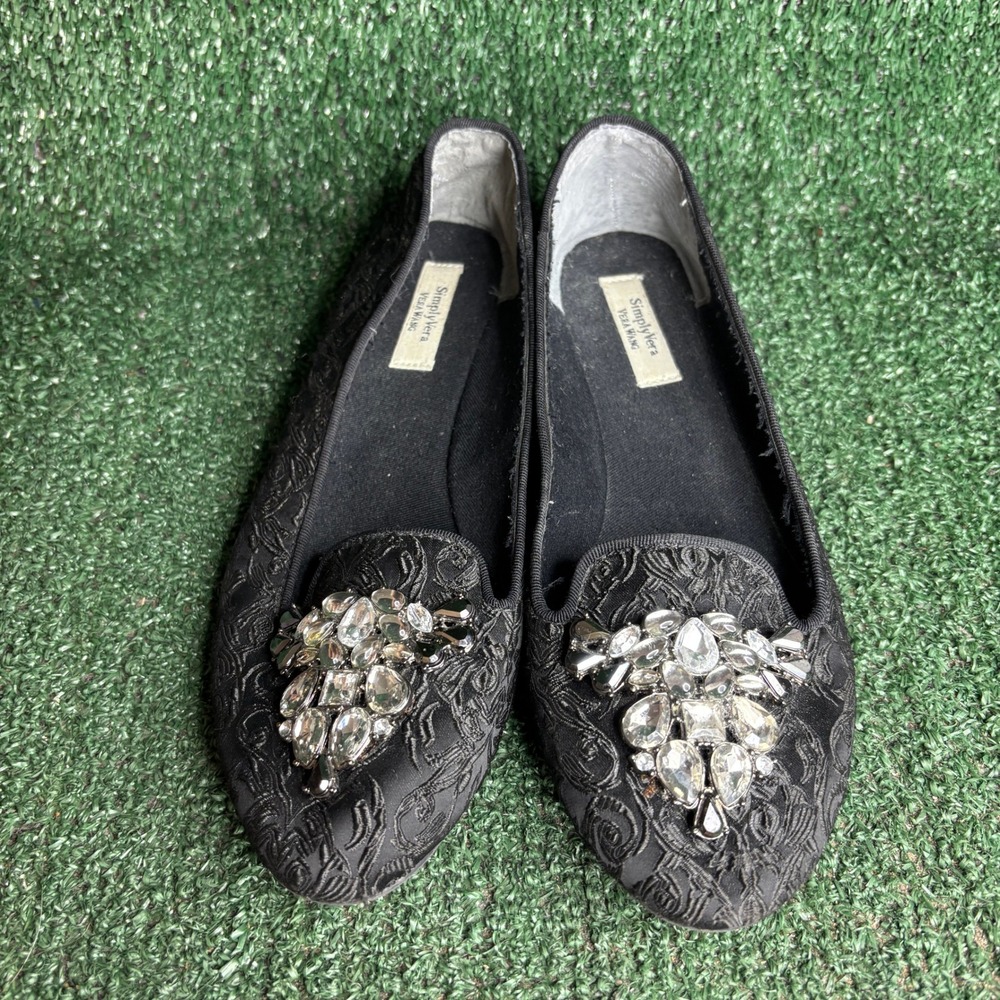 Simply Vera Vera Wang Brocade Rhinestone Embellished Loafer Flat Black Women 6.5
